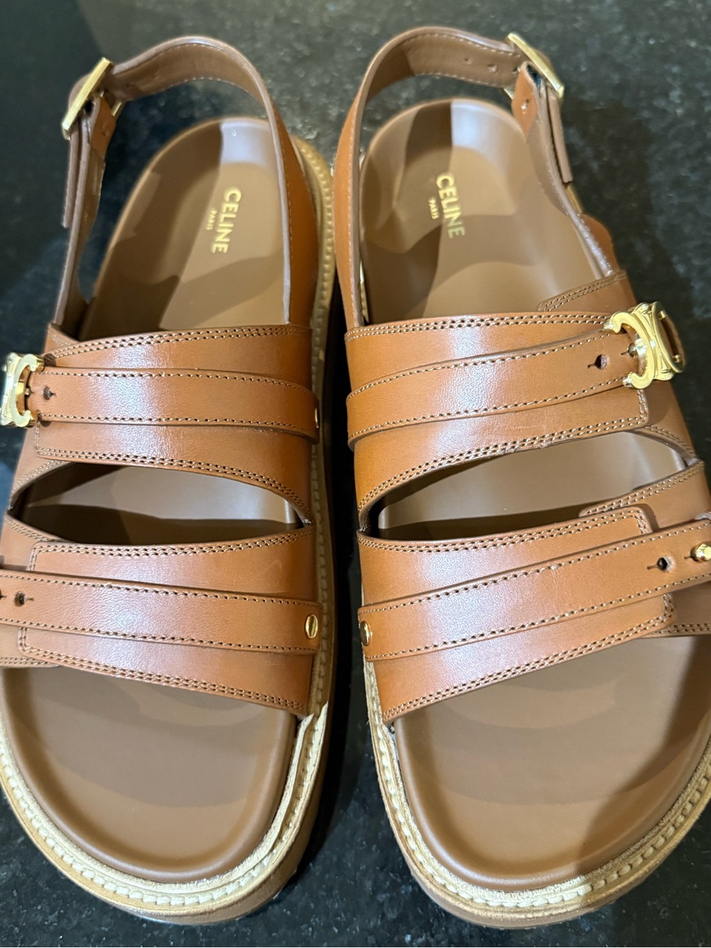 Celine Triomphe  Leather Brown Double-Strap Slingback Sandal with Gold Accent - Picture 7 of 16